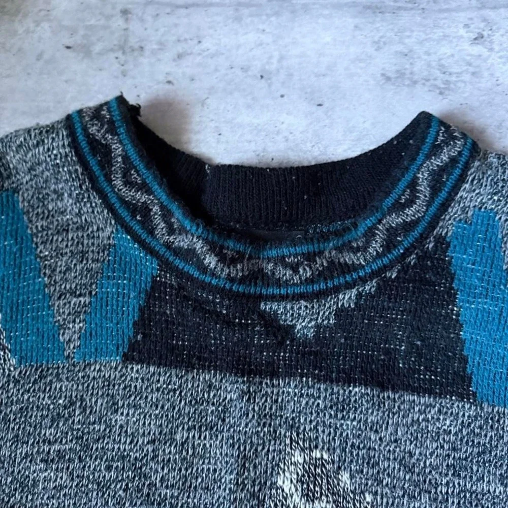 90s XSTATX blue and gray geometric knit surf stussy type sweater
